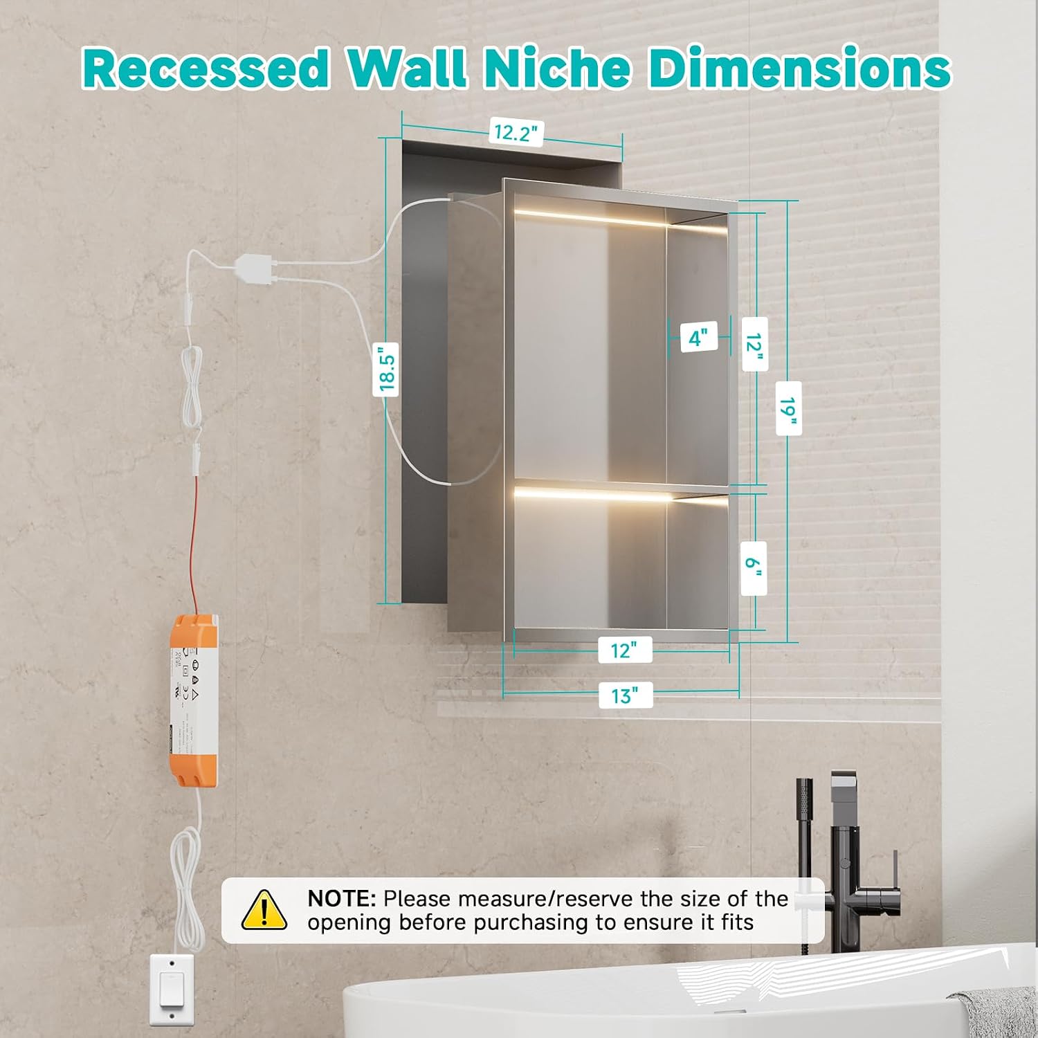 Stainless Steel LED Lights Shower Niche 12' x 18' – Recessed 2-Tier Shower Shelf, 12'x12' Upper & 12'x6' Lower Storage, Modern Bathroom Wall Niche (Brushed)