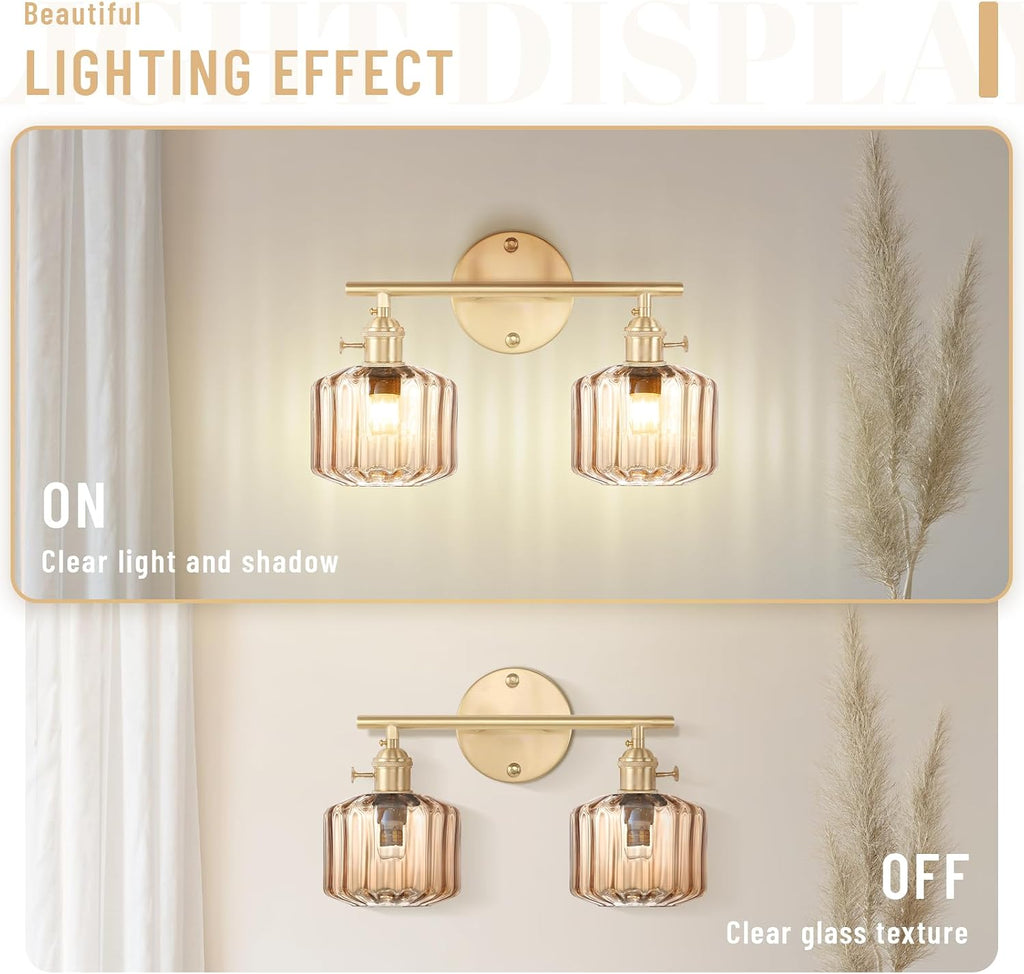 Vintage Glass Wall Sconce, 2-Light Brass Gold Bathroom Lighting Fixtures Over Mirror, Ribbed Vanity Wall Light with Amber Glass Shade, E26 Base for Bedroom, Dressing Table, Hallway