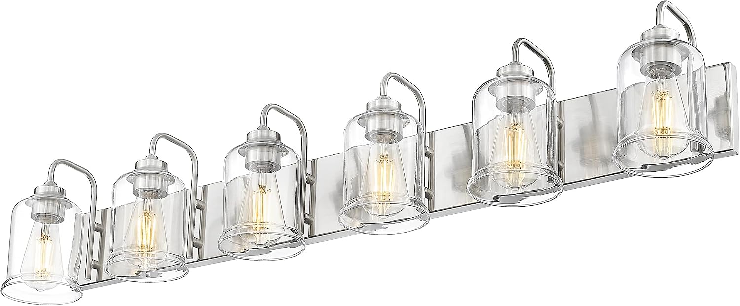 zeyu 6-Light Bathroom Wall Light Fixture, 44 Inch Modern Nickel Vanity Lighting Fixtures for Bedroom, Brushed Nickel Finish with Clear Glass Shade, ZSL72B-6W BN