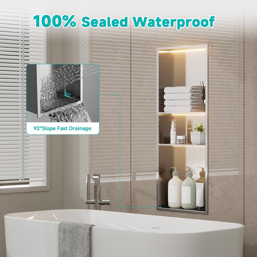 Stainless Steel LED Lights Shower Niche 12' x 30' – Recessed Wall Niche with 3-Tier Storage, Waterproof & Rustproof Modern Bathroom Shower Shelf (Brushed)
