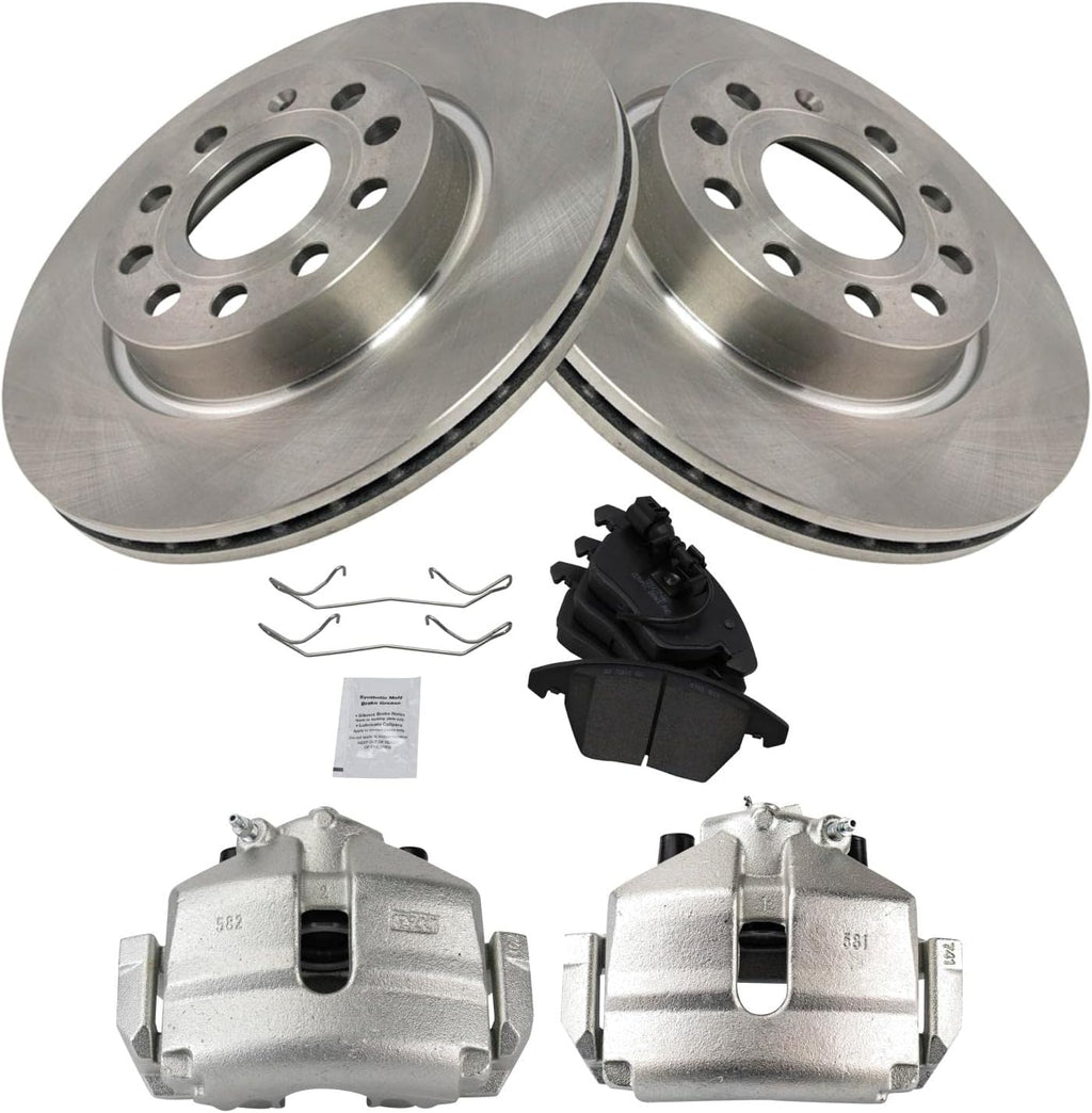TRQ Front Brake Pad and Rotor Set Ceramic Calipers Compatible with 2013 Volkswagen GTI 2011 Jetta