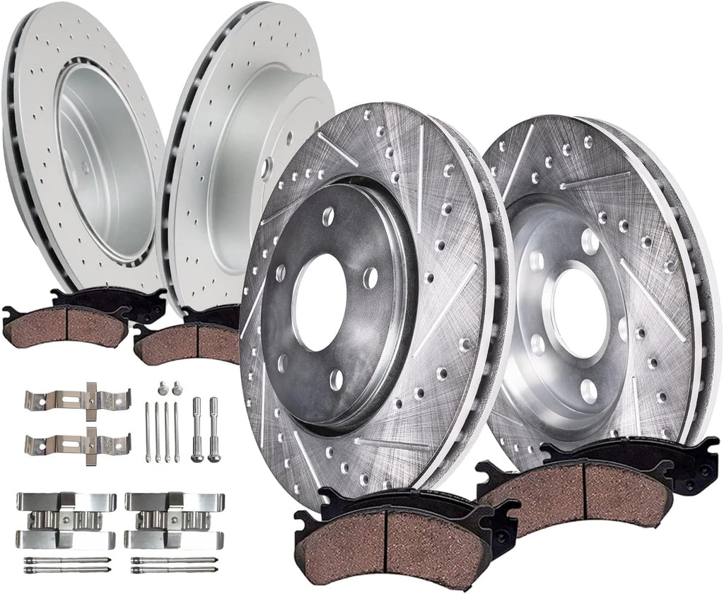 Detroit Axle - 8pc Brake Kit for 2018 2019 2020 2021 Subaru WRX STI, Drilled and Slotted Disc Brake Rotors Ceramic Brakes Pads Replacement: 13.39' inch Front and 12.84' inch Rear Vented Rotor