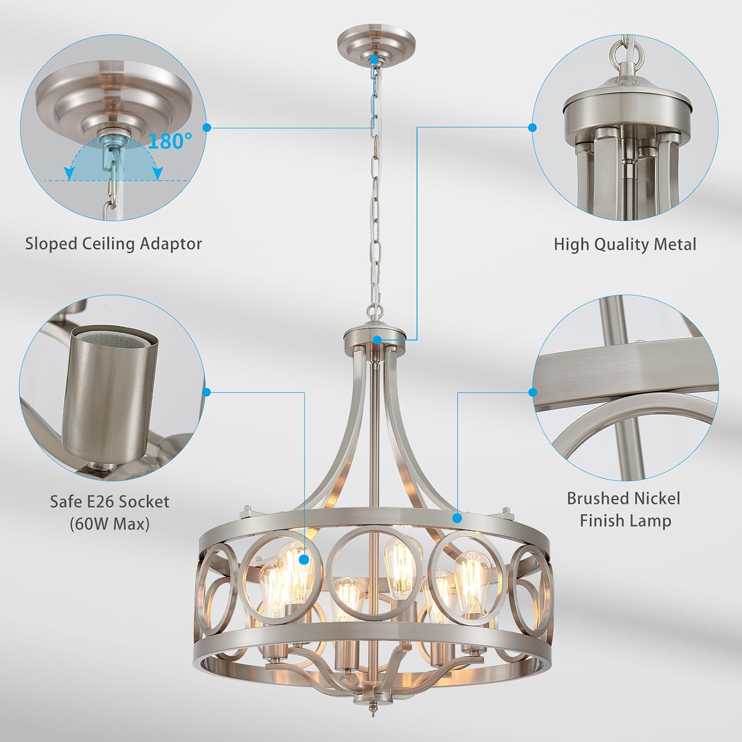 XINGQI Brushed Nickel Dining Room Chandelier 6 Lights Modern Farmhouse Chandelier 21.7' Round Hanging Lighting Fixture Rustic Metal Drum Pendant Lamp for Entryway Bedroom Kitchen