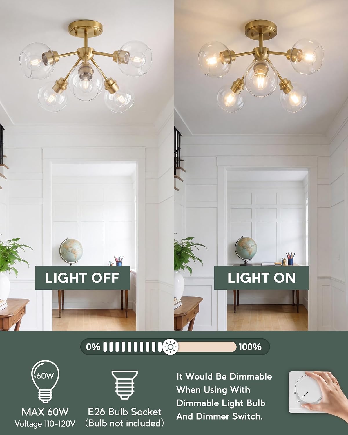 6-Light Semi Flush Mount Ceiling Light, 22' Modern Light Fixtures Ceiling Mount with Globe Clear Glass Shade, Brushed Gold Light Fixtures for Kitchen Entryway Bedroom, SM195-BG-6