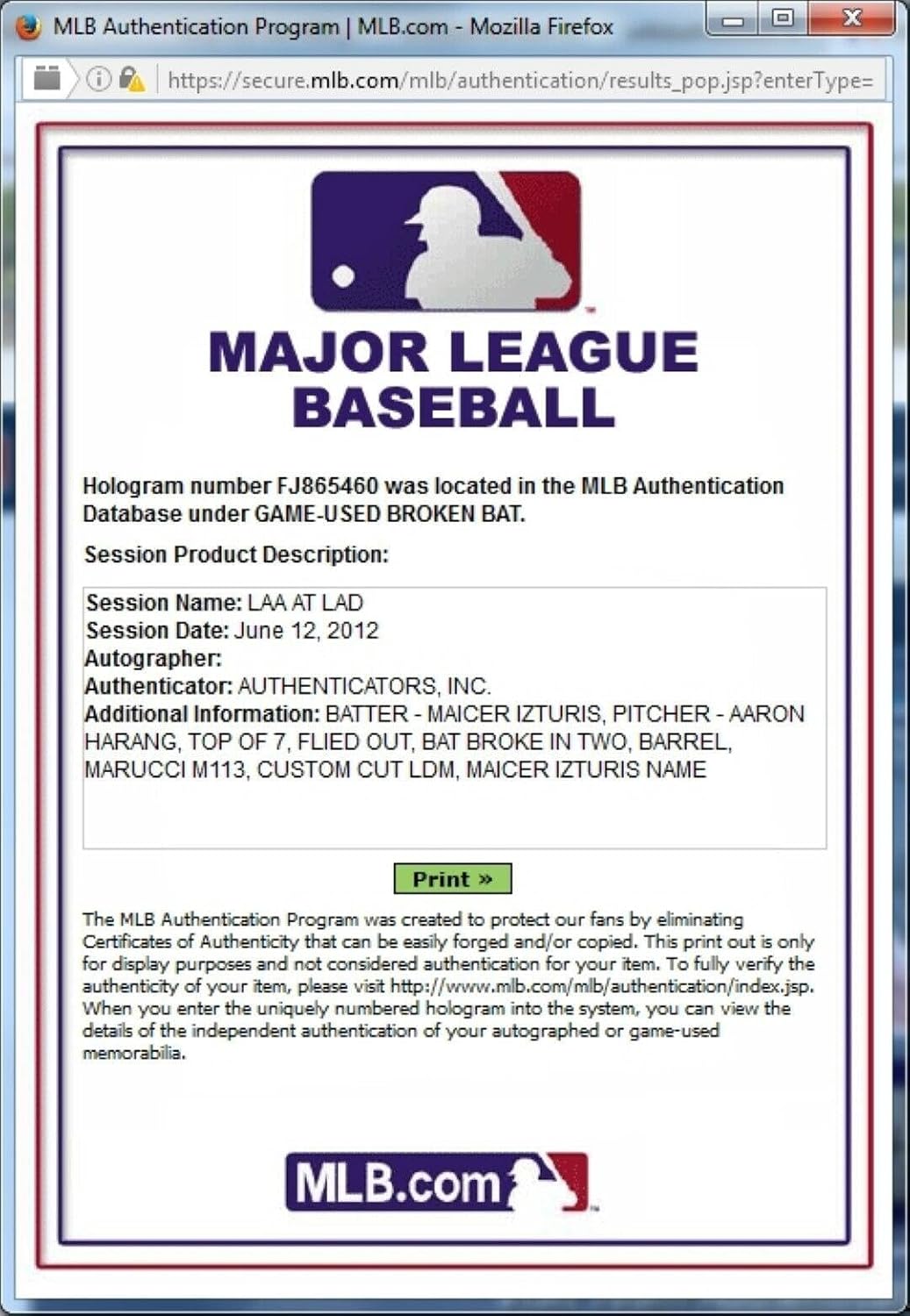 Macier Izturis Official Major League Game Used Baseball Bat Dodgers MLB MI13 - MLB Game Used Bats