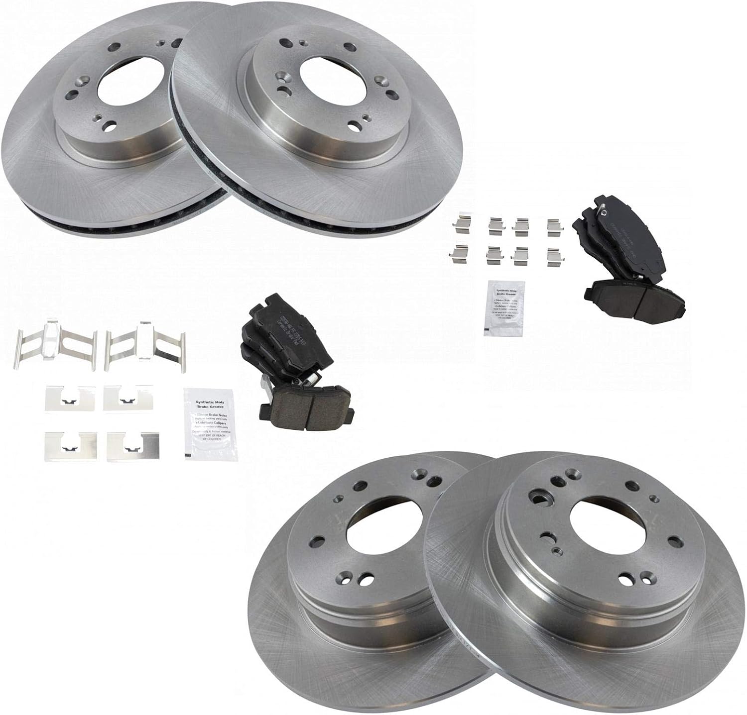 TRQ Front and Rear Brake Pad and Rotor Set Ceramic Vented Solid Rotors Compatible with 2002-2004 Honda CR-V