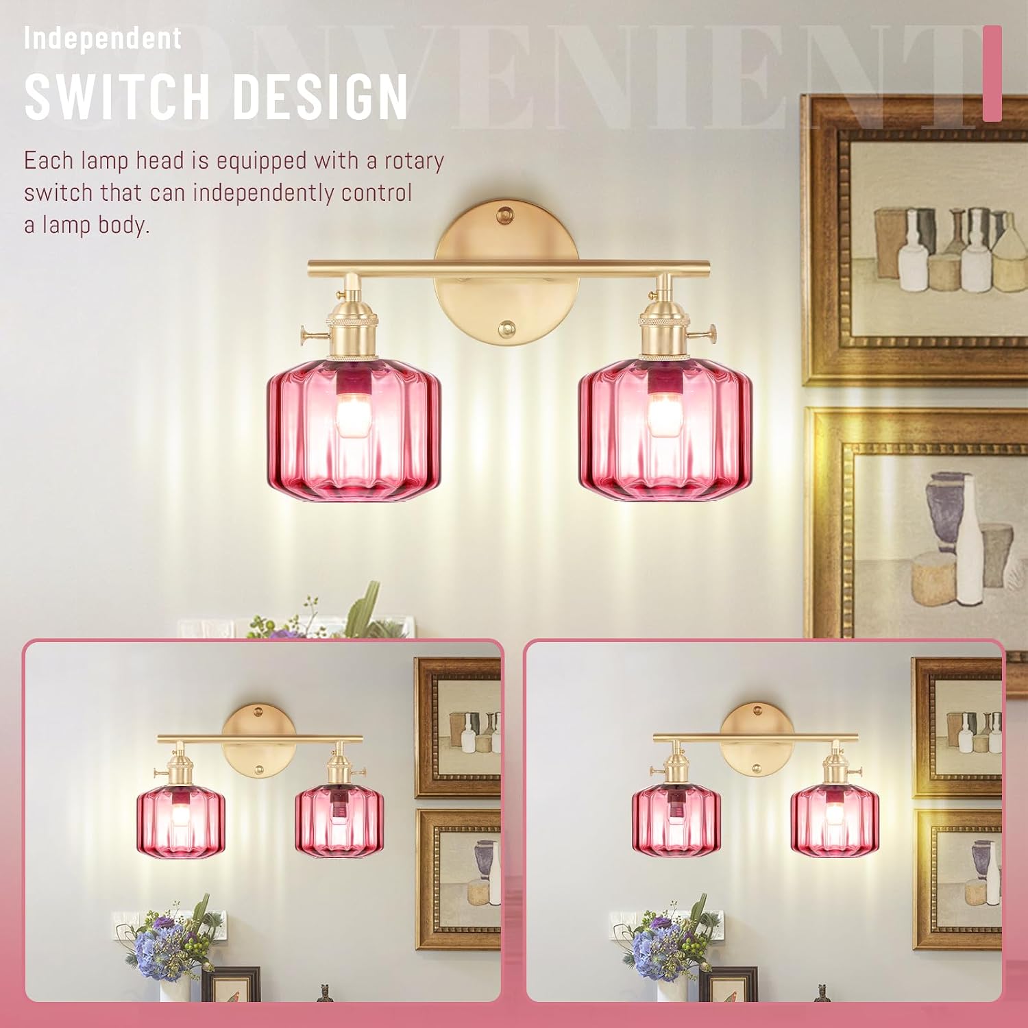 Vintage Wall Light Brass Vanity Light Bathroom Light Fixtures 2-Light Wall Sconce with Purple Globe Glass Shades Vanity Lighting for Stairwell Living Room Bedside Bedroom
