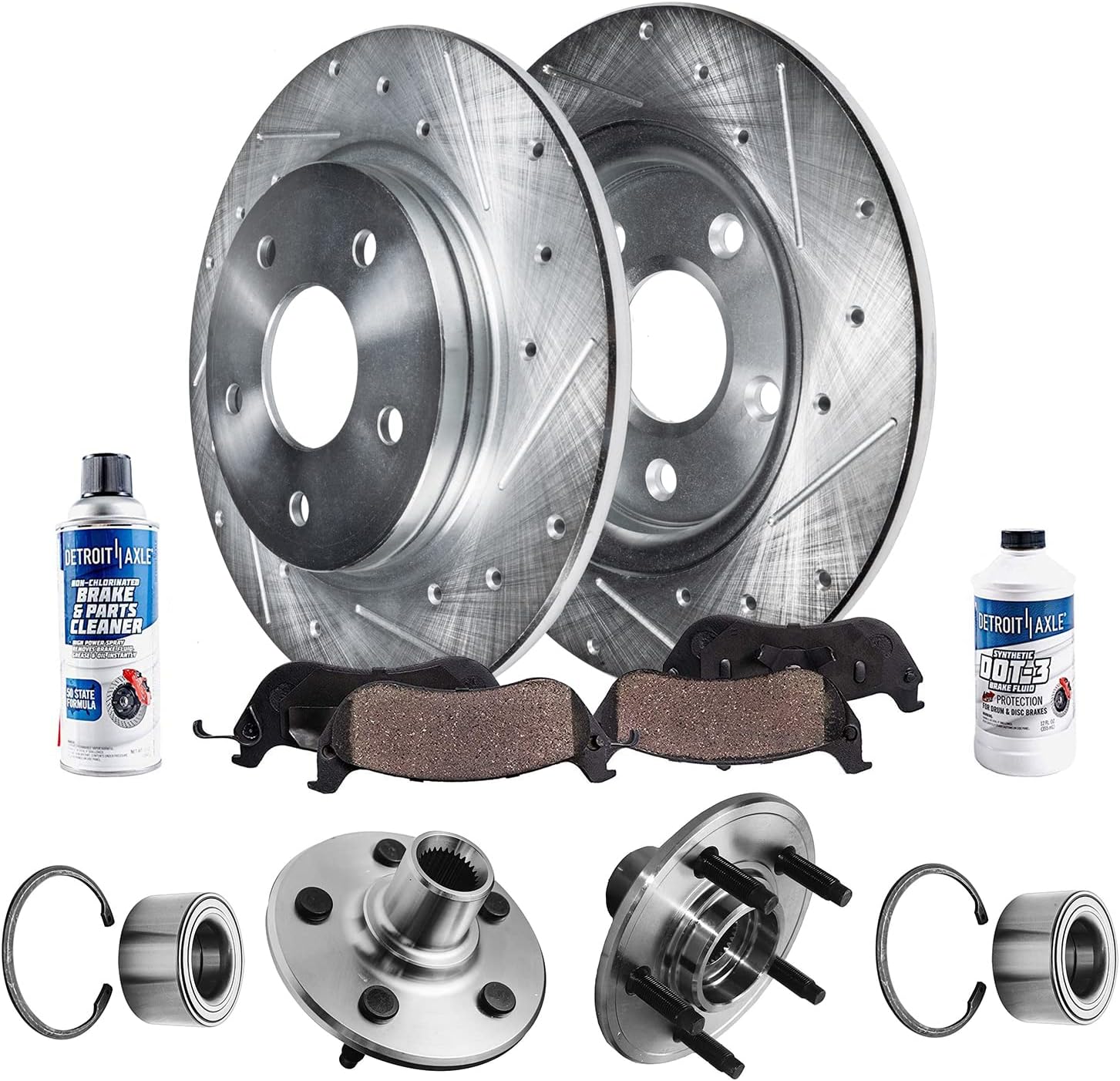 Detroit Axle - Rear Brake Kit for 06-10 Mercury Mountaineer Ford Explorer Sport Trac, Drilled & Slotted Disc Brake Rotors Ceramic Brake Pads Wheel Bearing & Hubs 2006 2007 2008 2009 2010 Replacement