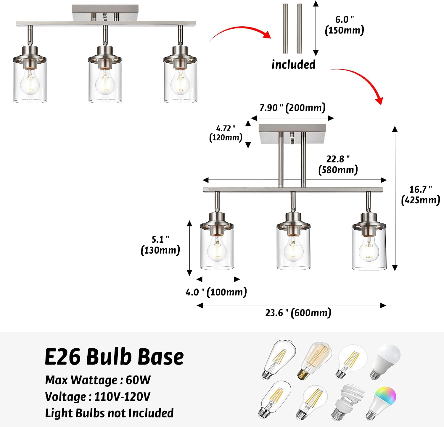 Track Lighting Fixtures 3 Light Directional Ceiling Lights with Adjustable Track Heads, Brushed Nickel Bathroom Vanity Light with Clear Glass Shade