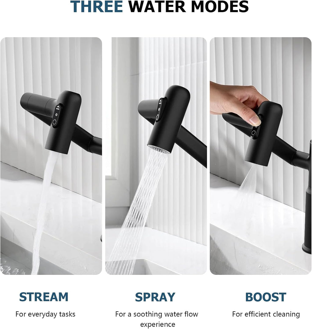Lefton Rotatable Bathroom Faucet with Temperature Display in Fahrenheit (Batteries-Free), 3 Water Outlet Modes, Matte Black, BF2204-3