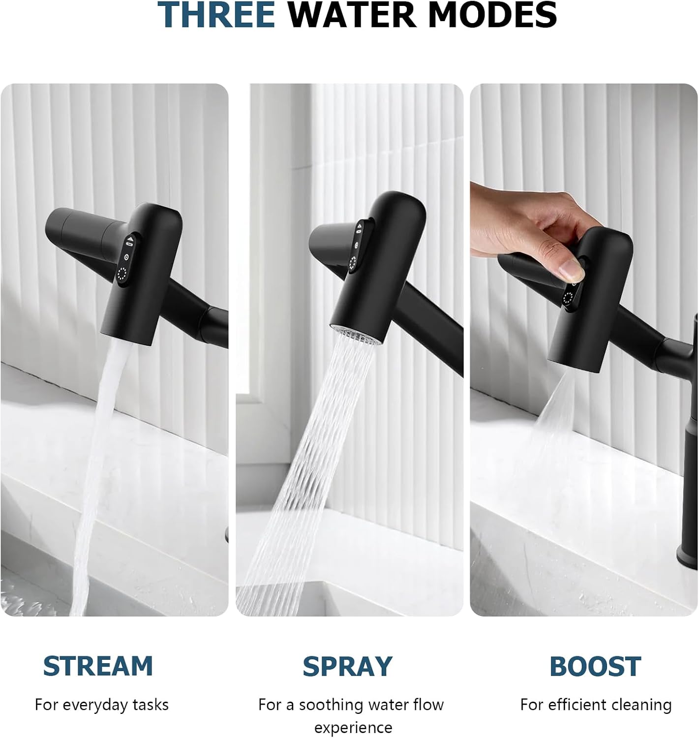 Lefton Rotatable Bathroom Faucet with Temperature Display in Fahrenheit (Batteries-Free), 3 Water Outlet Modes, Matte Black, BF2204-3