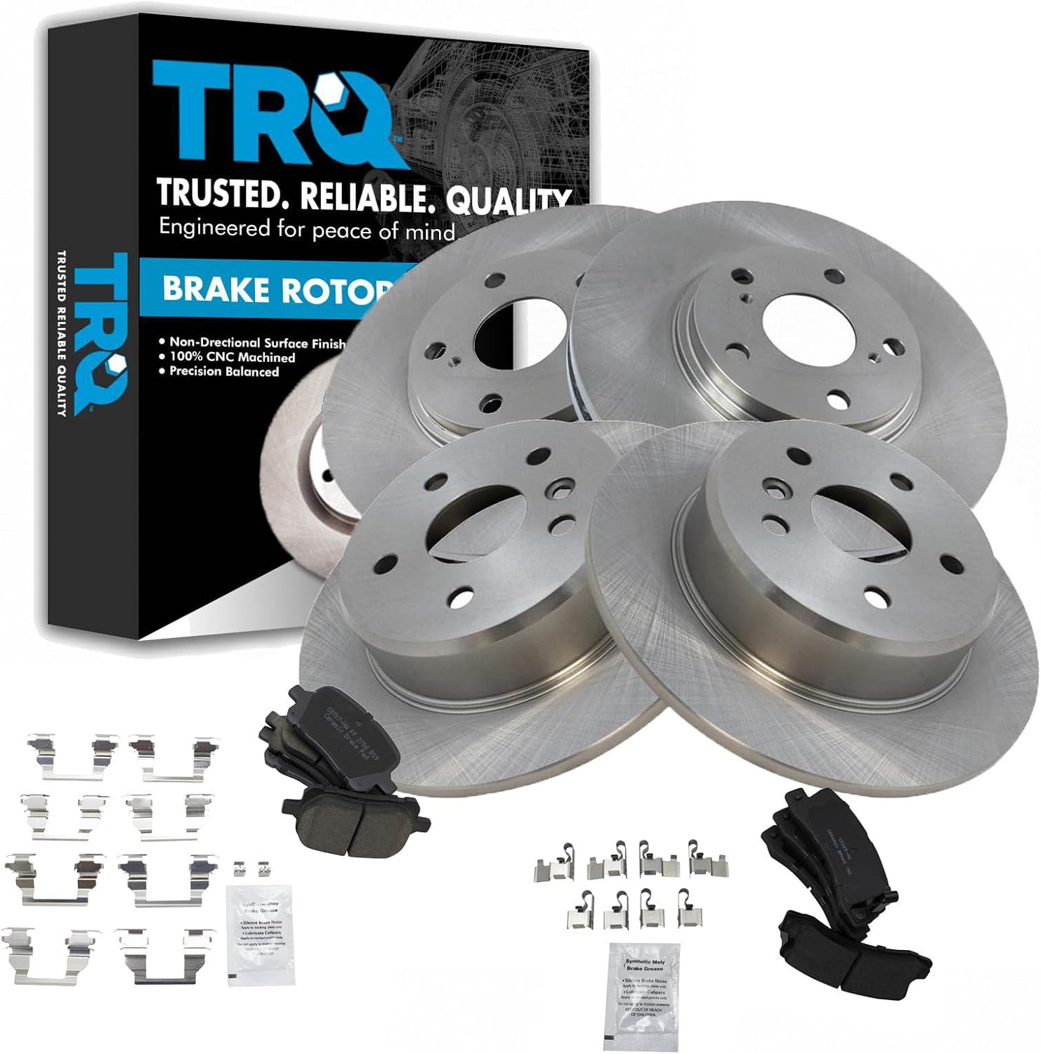 TRQ Front and Rear Brake Pad and Rotor Set Ceramic Vented Solid Rotors Compatible with 1999-2001 Lexus RX300