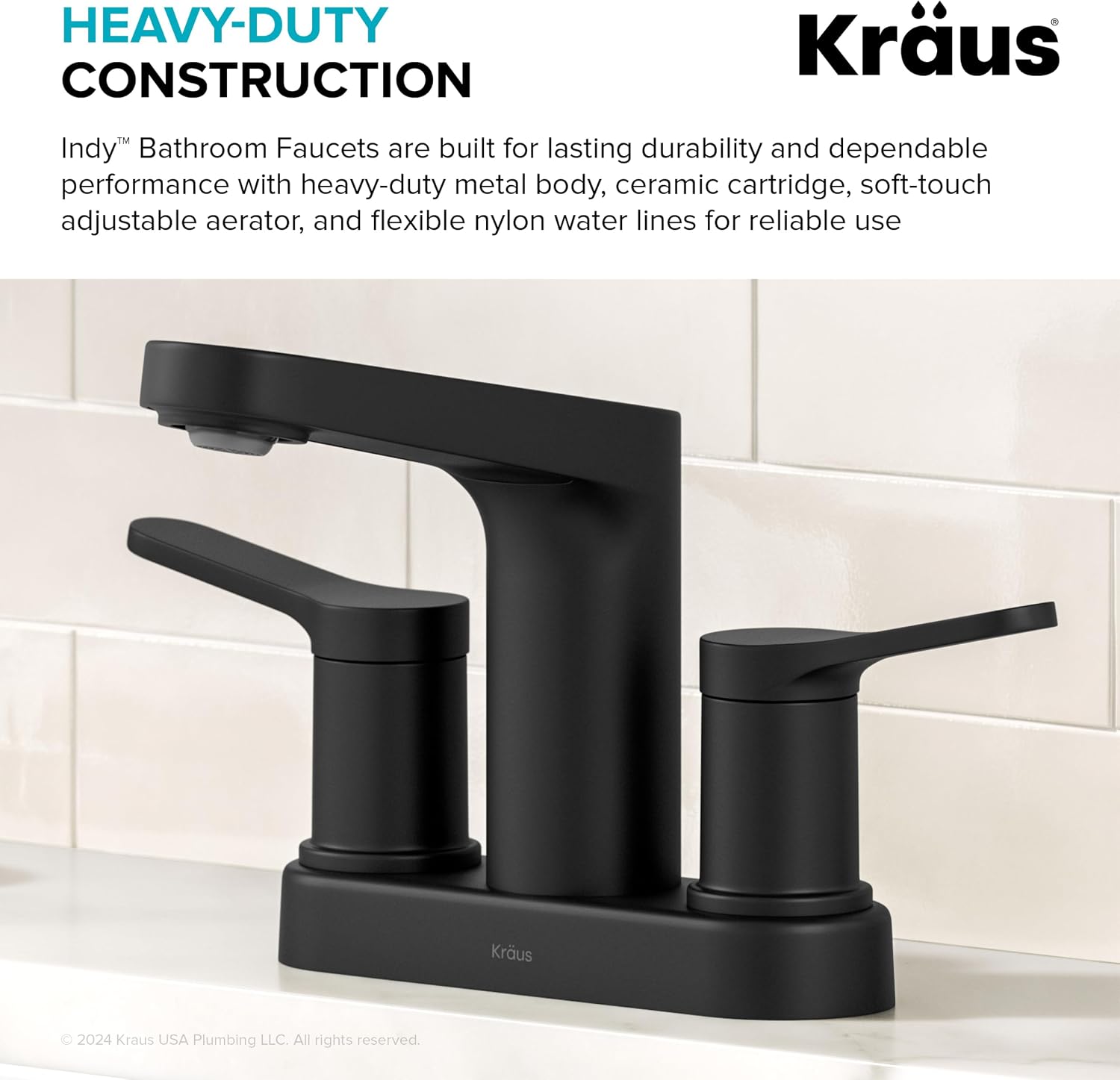 KRAUS Indy Centerset Bathroom Faucet in Matte Black with 2 Handles, Pop Up Drain and Supply Lines, FUS-14102MB