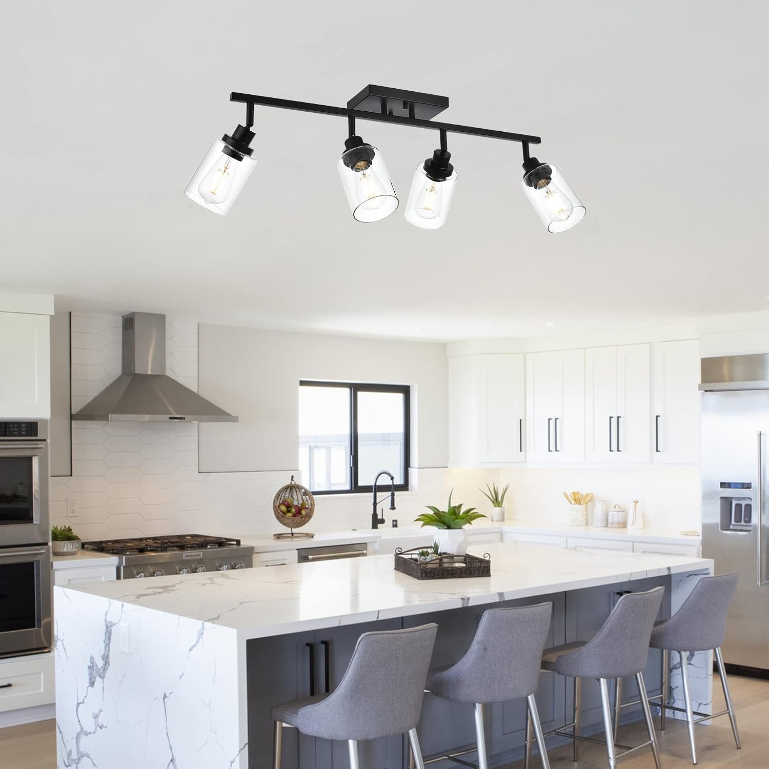 MELUCEE 4 Light Track Lighting Kit 28.7 Inch Bathroom Light Fixtures Matte Black Ceiling Spotlight Fixture for Hallway Foyer Bath Storage, Clear Glass Shade