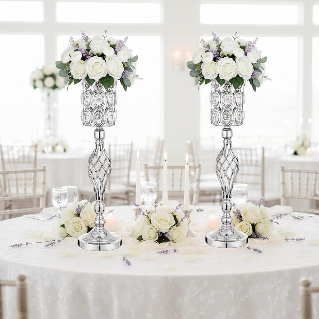 Crystal Wedding Centerpiece Vases for Tables - Set of 10 Metal Silver Vases, 24in Tall Versatile Flower Holders, Elegant Flower Stands for Centerpieces Wedding Party Reception Christmas Home Decor