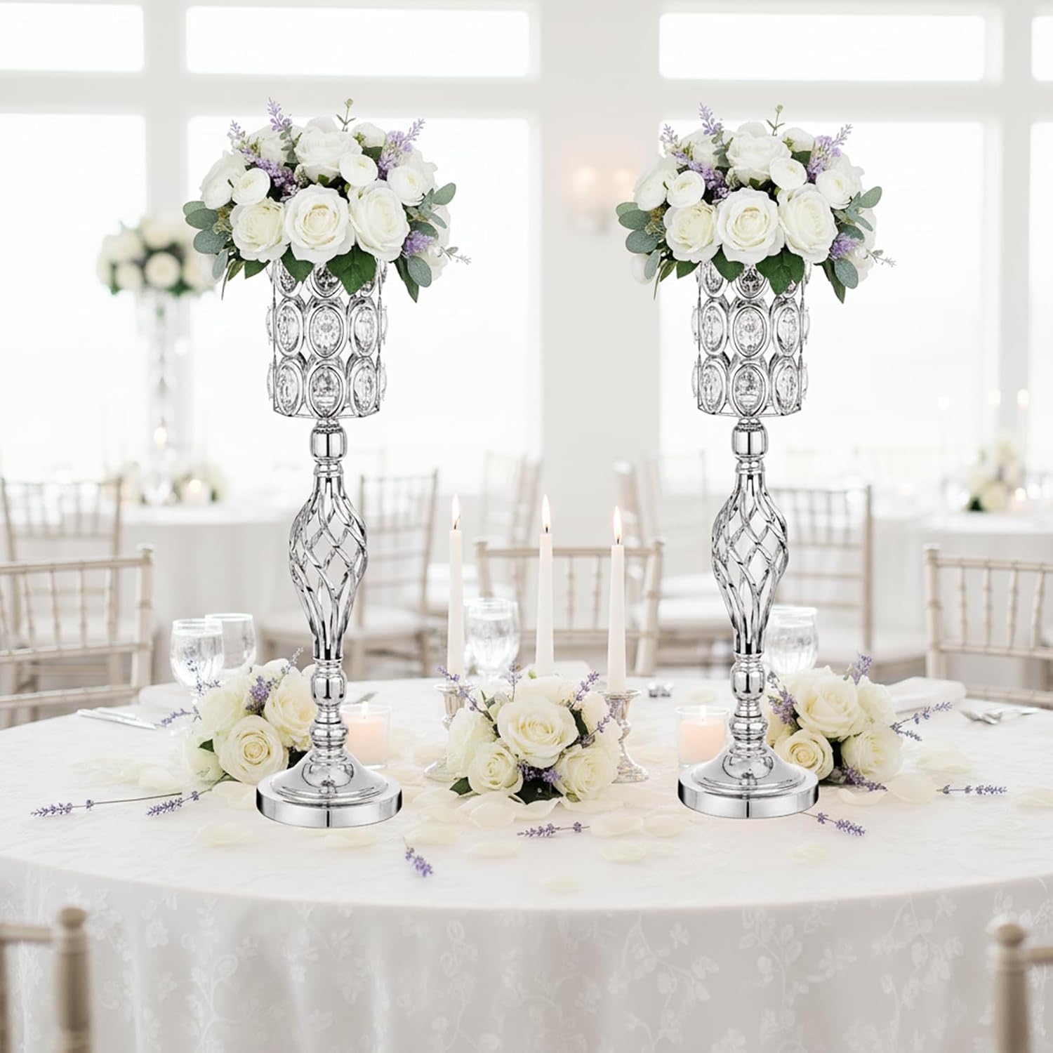 Crystal Wedding Centerpiece Vases for Tables - Set of 10 Metal Silver Vases, 24in Tall Versatile Flower Holders, Elegant Flower Stands for Centerpieces Wedding Party Reception Christmas Home Decor