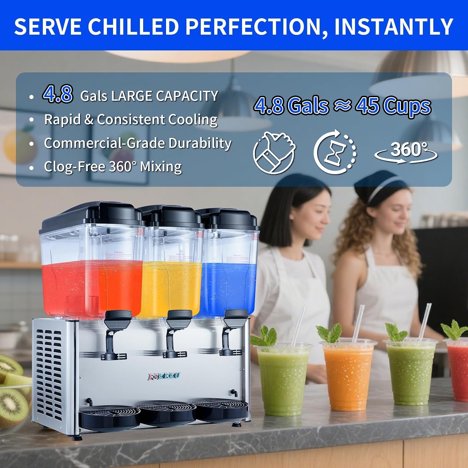 Commercial Beverage Dispenser 54L 14.3 Gal Triple Tank Refrigerated Drink Machine 400W Stainless Steel Cold Juice Dispenser with LED Lighting and 360 Degree Stirrer 110V