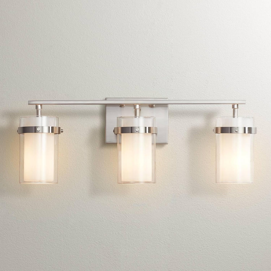 Possini Euro Design Kazran Modern Wall Light Brushed Nickel Slender Hardwire 21 1/4' 3-Light Fixture Frosted White Glass Shade for Bedroom Bathroom Bedside Vanity Living Room Mirror Hallway Dining