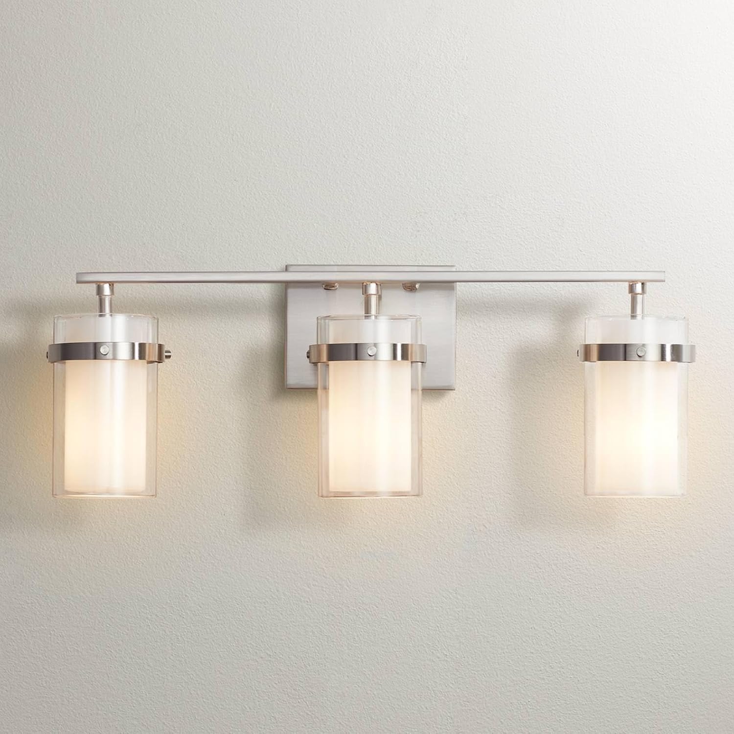 Possini Euro Design Kazran Modern Wall Light Brushed Nickel Slender Hardwire 21 1/4' 3-Light Fixture Frosted White Glass Shade for Bedroom Bathroom Bedside Vanity Living Room Mirror Hallway Dining