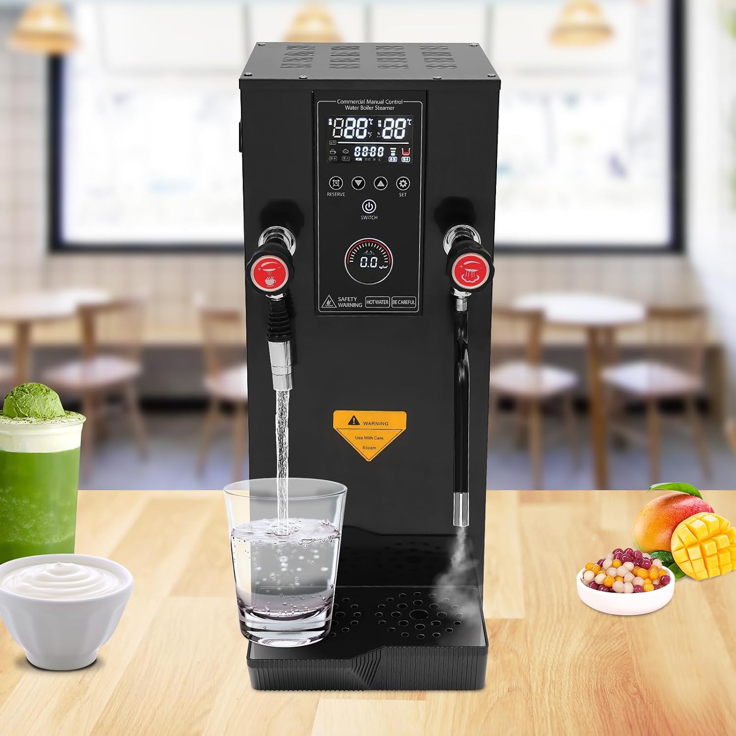 Commercial Hot Water Dispenser Countertop, 12L(3.2Gal) Full-Automatic Steam Boiling Water Frothing Machine w/LCD Display Timing for Espresso Coffee Tea Shop Heat Drink Milk Bubble Boil Water (Black)