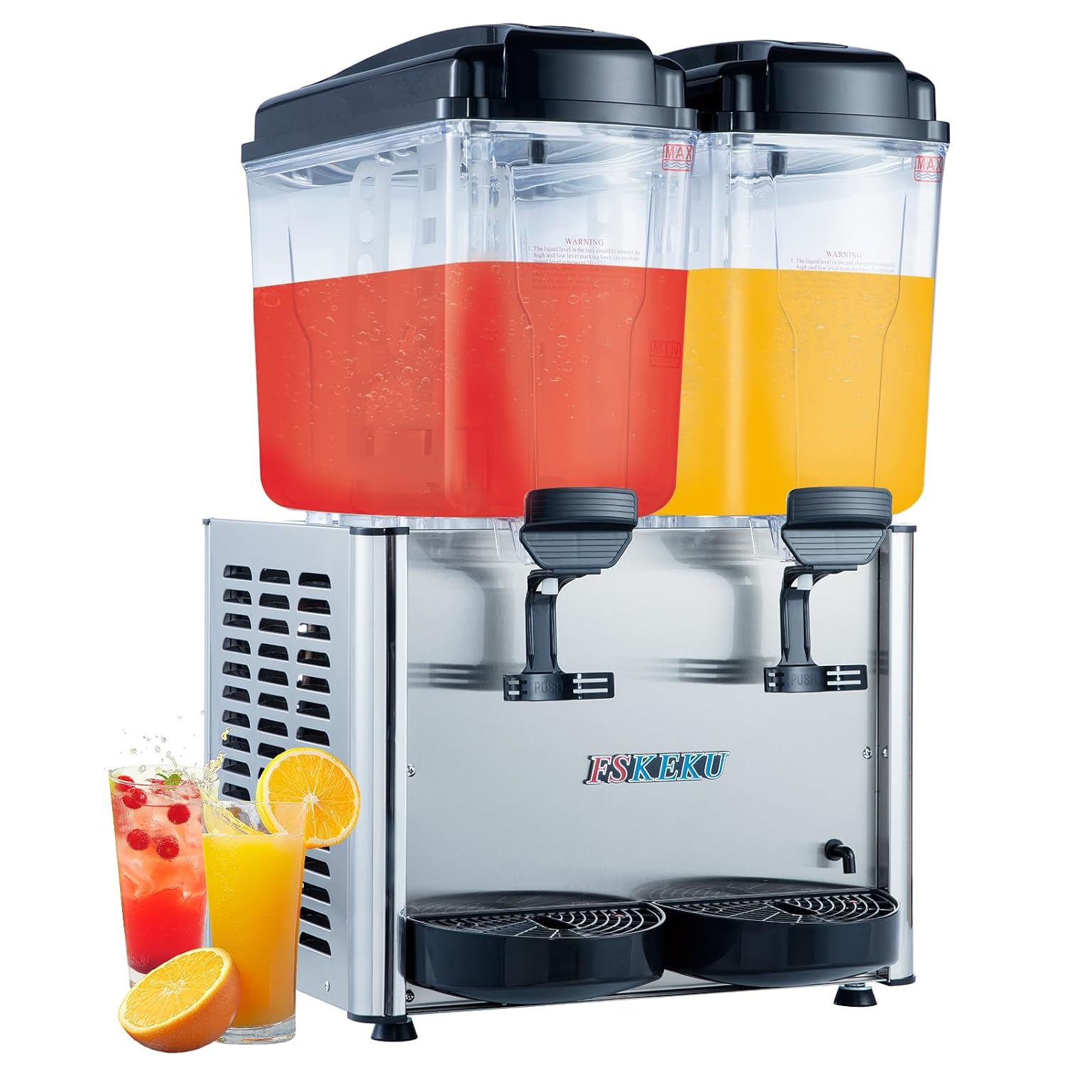 Commercial Beverage Dispenser, 36L Dual-Tank 300W Refrigerated Cooler | Maintains 45-54°F with independent cooling and mixing controls, stainless steel body, and removable tanks.