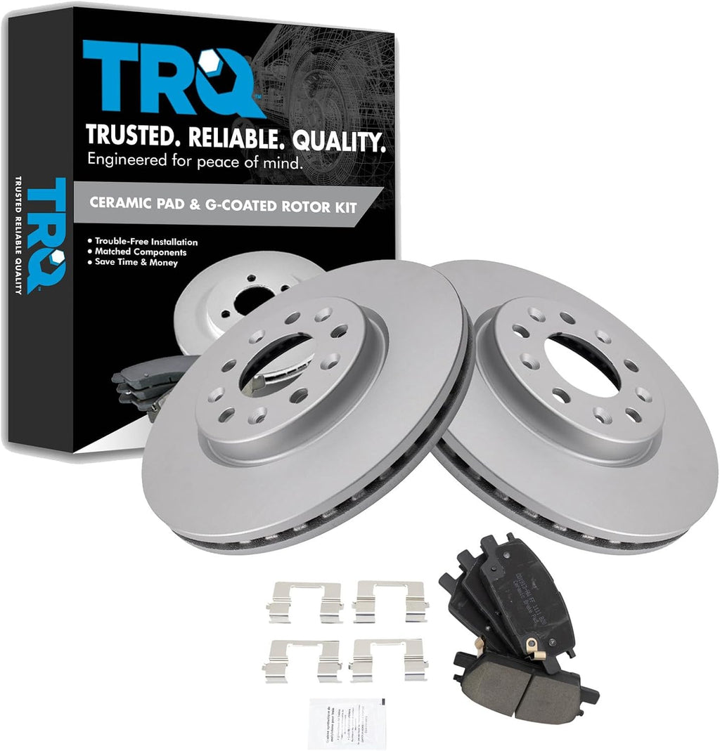 TRQ Front Ceramic Brake Pad and Rotor Set Coated Compatible with 18-20 Chevrolet Equinox L4 1.5L with 300mm Diameter Front Rotors 16-19 Chevrolet Malibu