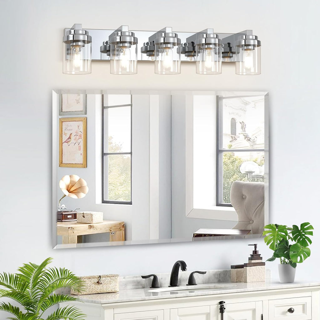 Bathroom Light Fixtures, 5-Light Bathroom Vanity Lights Over Mirror, Polished Chrome Vanity Lights with Glass Shade, 31' Modern Wall Sconce for Cabinet Porch Bedroom, Hallway E26