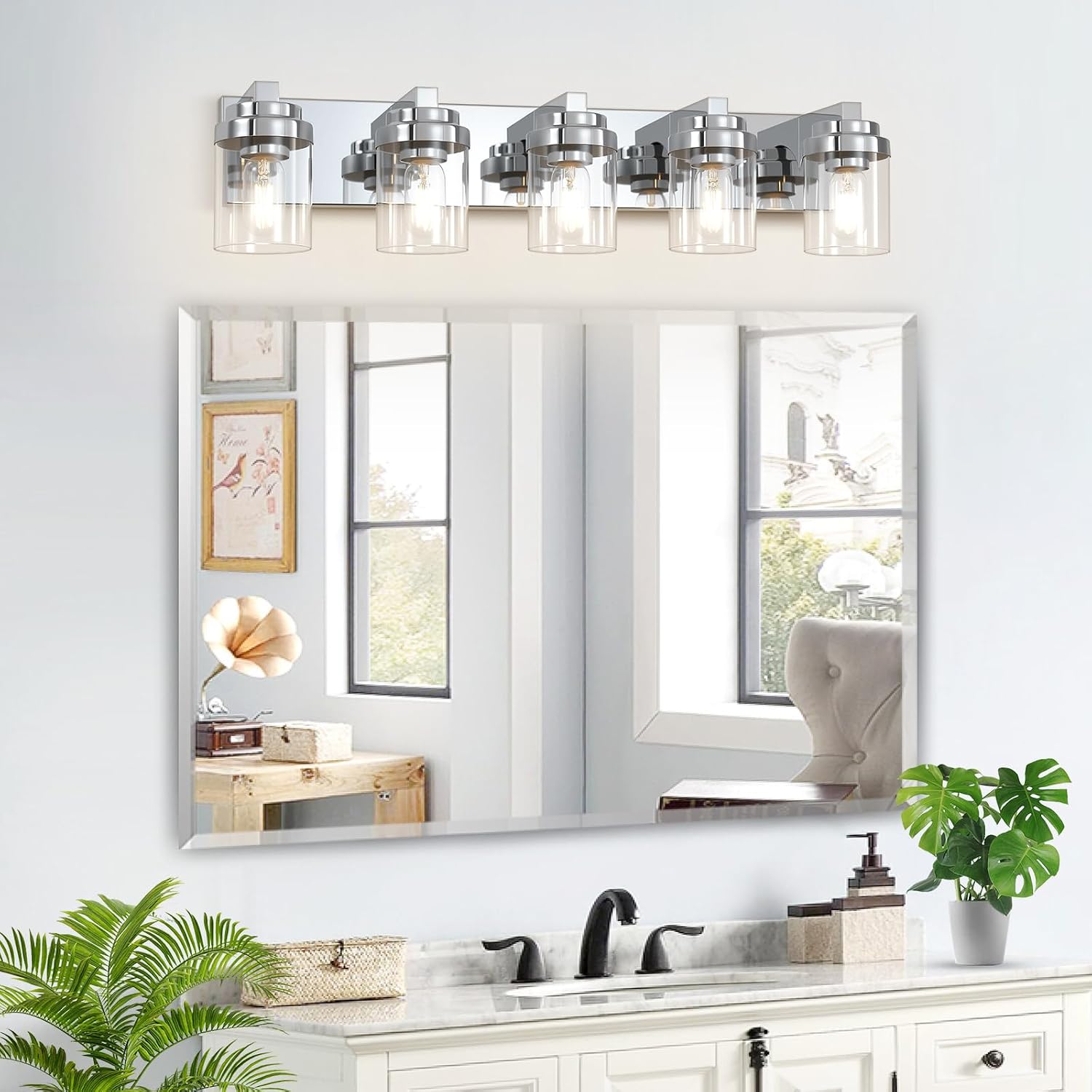 Bathroom Light Fixtures, 5-Light Bathroom Vanity Lights Over Mirror, Polished Chrome Vanity Lights with Glass Shade, 31' Modern Wall Sconce for Cabinet Porch Bedroom, Hallway E26