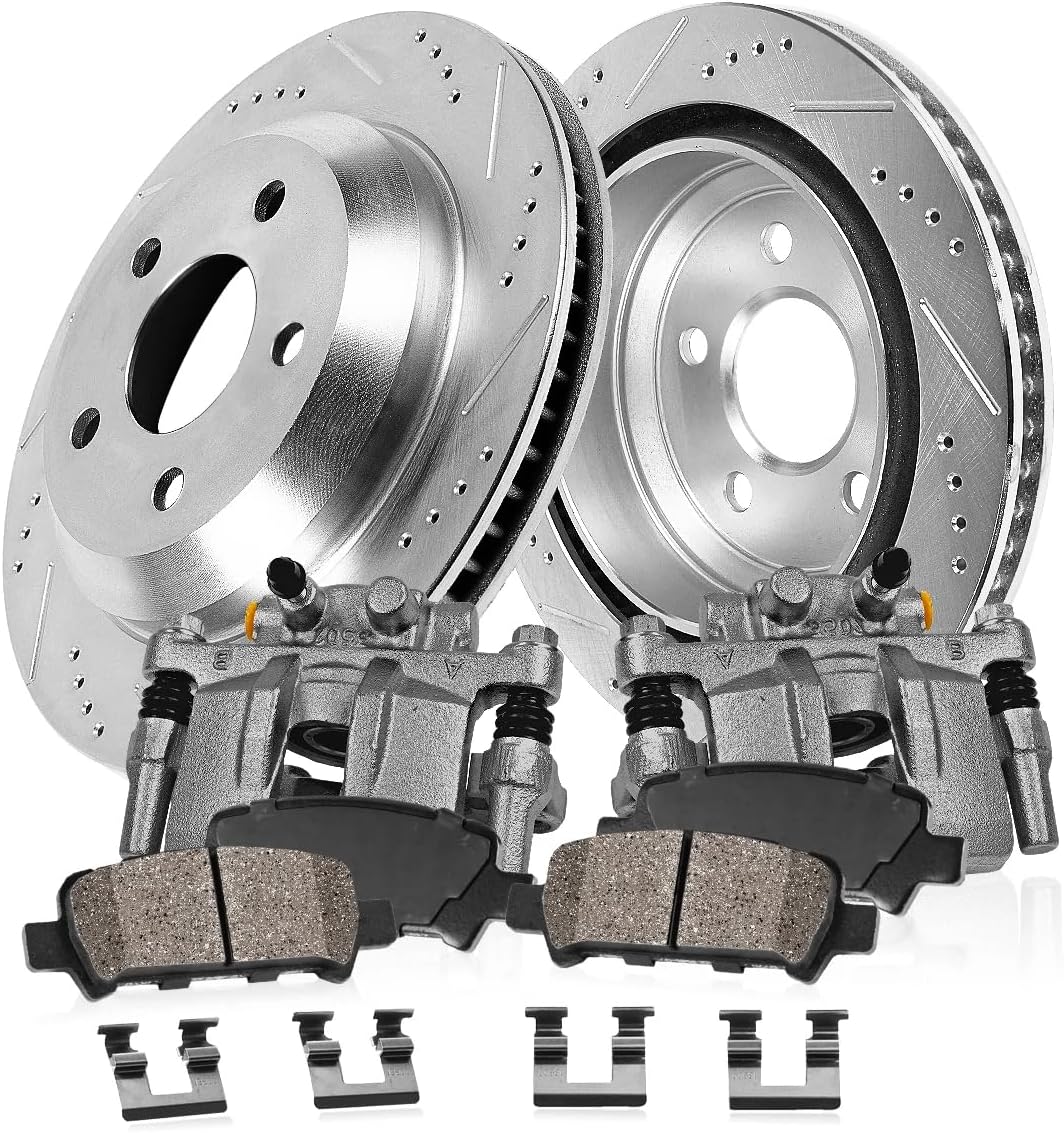 Callahan Brake Parts Rear Brake Kit For Jeep Wrangler 2018-24 - Drilled & Slotted Disc Rotors with Ceramic Brake Pads + OE Calipers, EBYK040054