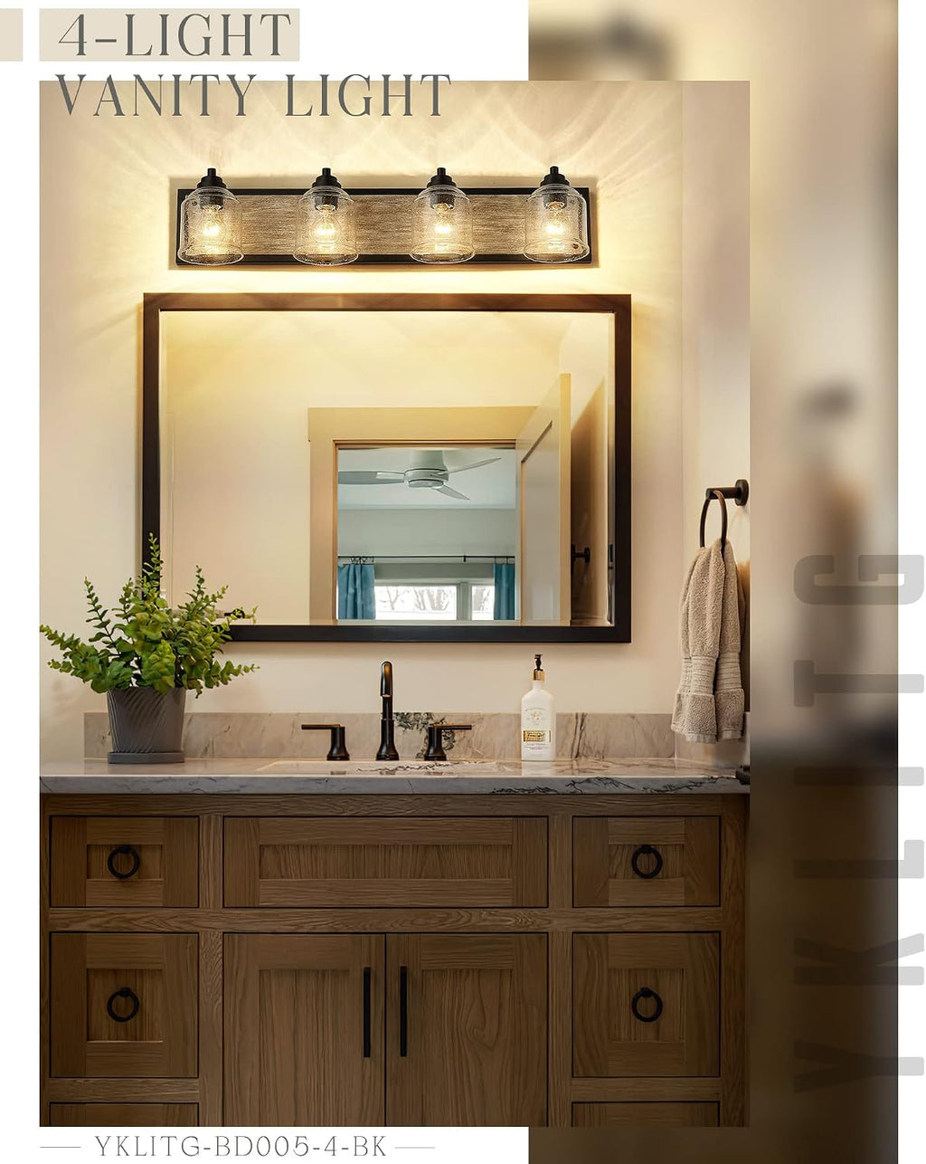 31.5 in. Large 4-Light Vanity Lights for Bathroom, Farmhouse Rustic Bathroom Lighting Fixtures Over Mirror with Bubble Glass Shades, Gray Wood-Look Metal Bath Wall Sconce Home Decor