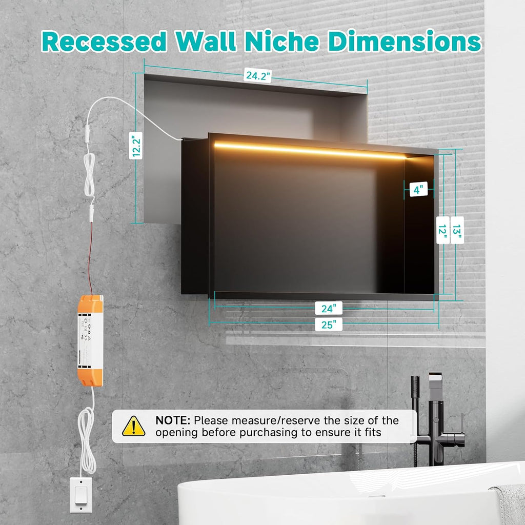 Stainless Steel 12'x24' LED Lights Shower Niche - No Tile Needed Recessed Wall Niche Waterproof for Walk in Shower Bathroom Storage, Matte Black