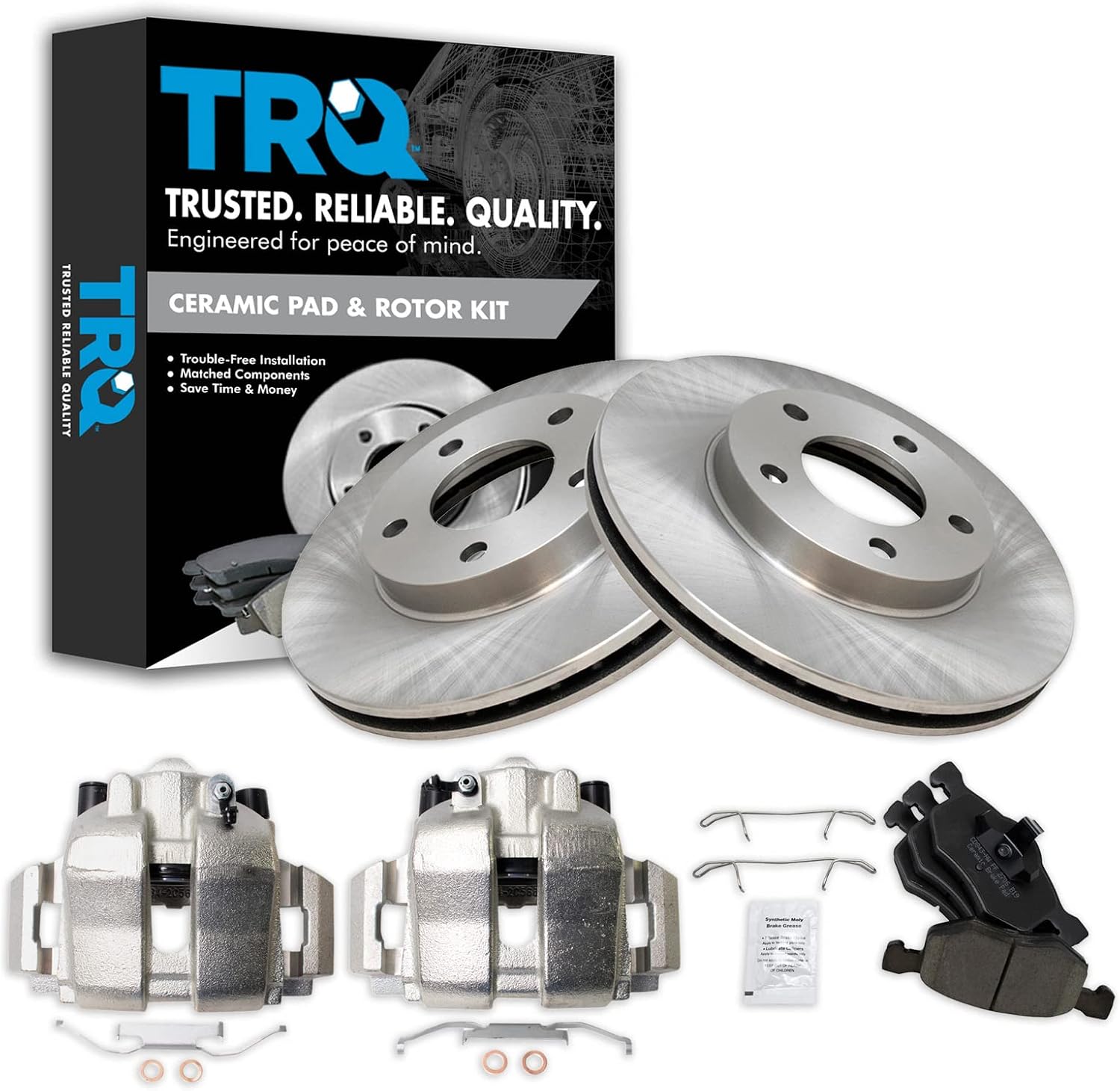 TRQ Front Brake Pad and Rotor Set Ceramic Vented Rotors Calipers Compatible with 2005-2007 Ford Escape Mercury Mariner