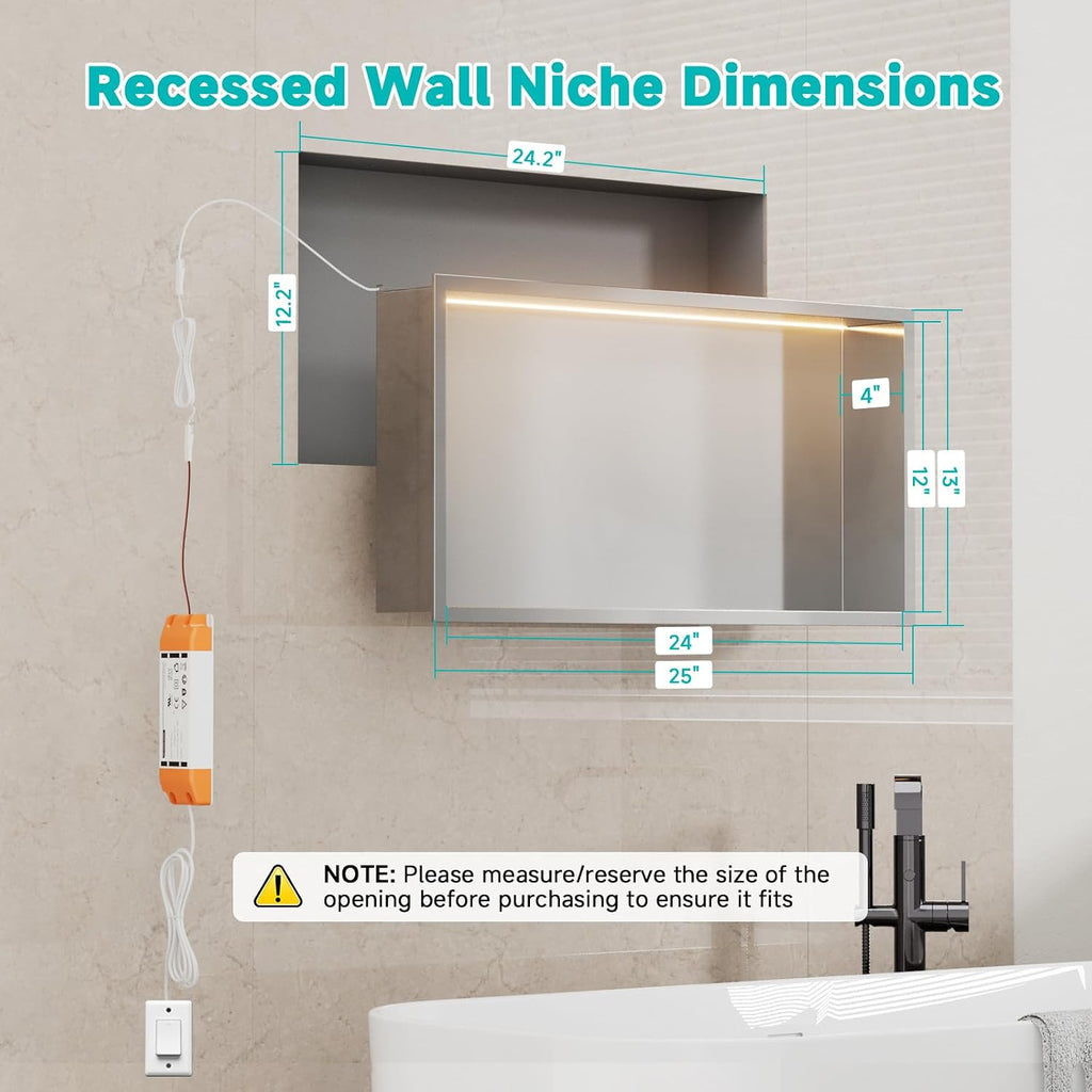 Stainless Steel Shower Niche with LED Lights 12' x 24' Recessed Wall Niche, No Tile Needed Bathroom Storage Shelf (Brushed)
