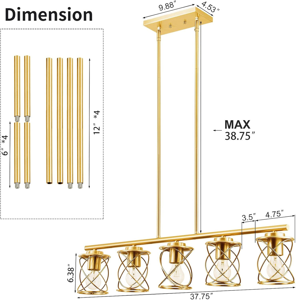 mavcadonf Kitchen Island Light, 5-Light Dining Room Lighting Fixtures Hanging, Farmhouse Linear Pendant Light for Kitchen Island Table Living Room with Adjustable Rods, Brushed Gold