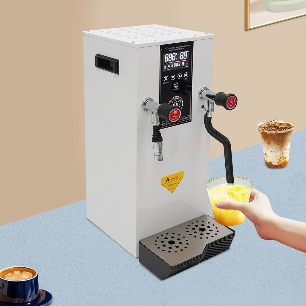 Commercial Milk Frother, 3000W Electric Steam Milk Frothing Machine, Hot Water Dispenser with 3.2gal Capacity, LED Display, Steam Water Boiling Machine for Cafe Milk Coffee Tea Shop (White)