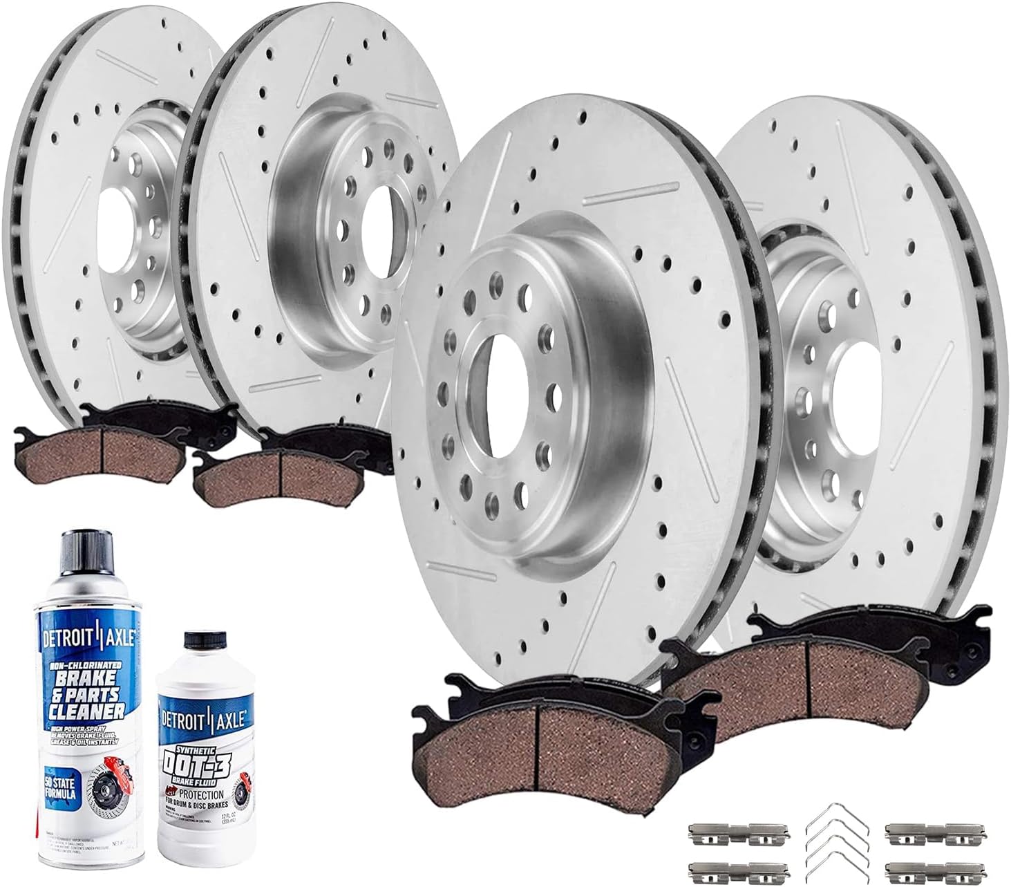 Detroit Axle - Brake Kit for 19-25 Ram 1500 Drilled and Slotted Disc Brake Rotors Ceramic Brakes Pads 2019 2020 2021 2022 2023 2024 2025 Replacement : 14.88' inch Front and 14.76' inch Rear Rotors