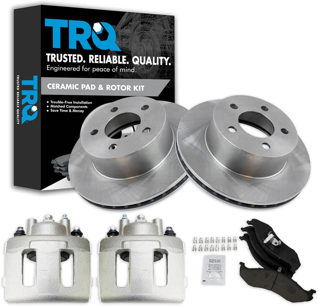 TRQ Front Brake Pad and Rotor Set Ceramic Vented Rotors Calipers Compatible with 1991-1998 Jeep Cherokee 1991-1992 Comanche 1993-1998 Grand Cherokee 1991-1999 Wrangler