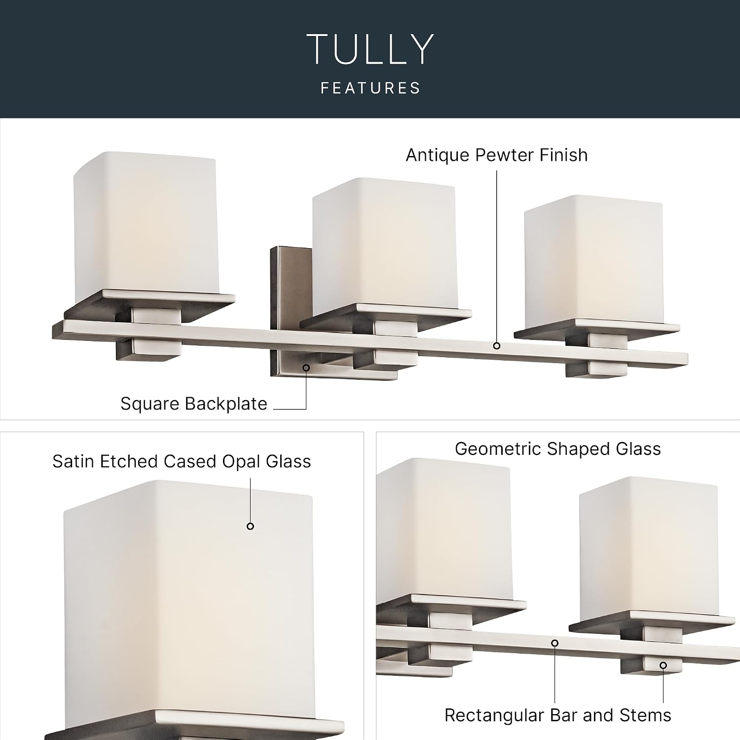 Kichler Tully 24' Vanity Light in Antique Pewter, 3-Light Modern Bathroom Light with Satin Etched Cased Opal Glass, (24' W x 6.5' H), 45151AP