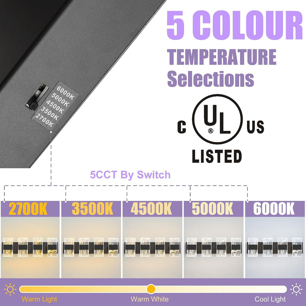 Modern LED Bathroom Light Fixtures Dimmable 4-Light Black Vanity Light, 5CCT Adjustable Lighting Fixture Vanity Lights Over Mirror, Smoked Acrylic LED Vanity Lights for Bathroom
