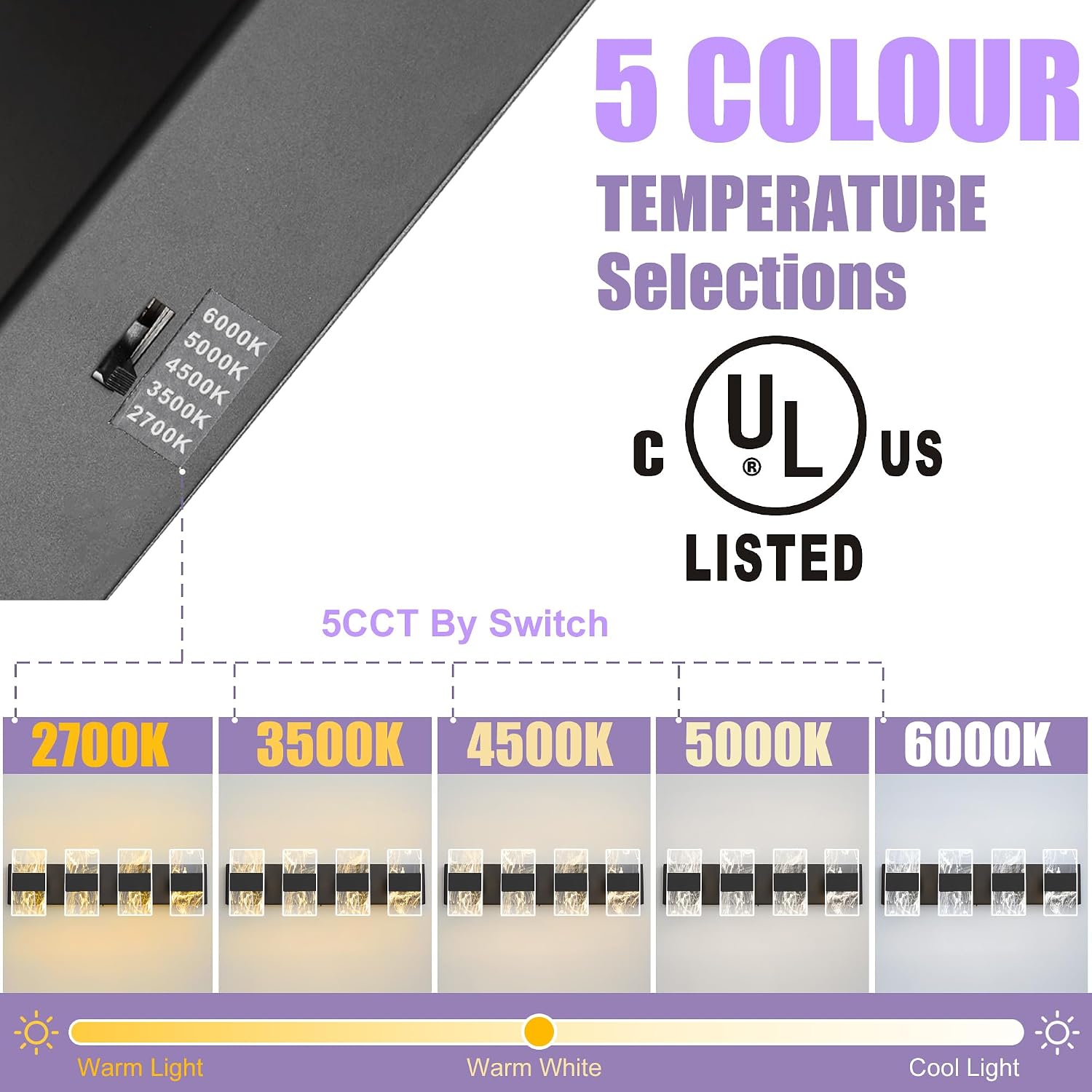 Modern LED Bathroom Light Fixtures Dimmable 4-Light Black Vanity Light, 5CCT Adjustable Lighting Fixture Vanity Lights Over Mirror, Smoked Acrylic LED Vanity Lights for Bathroom