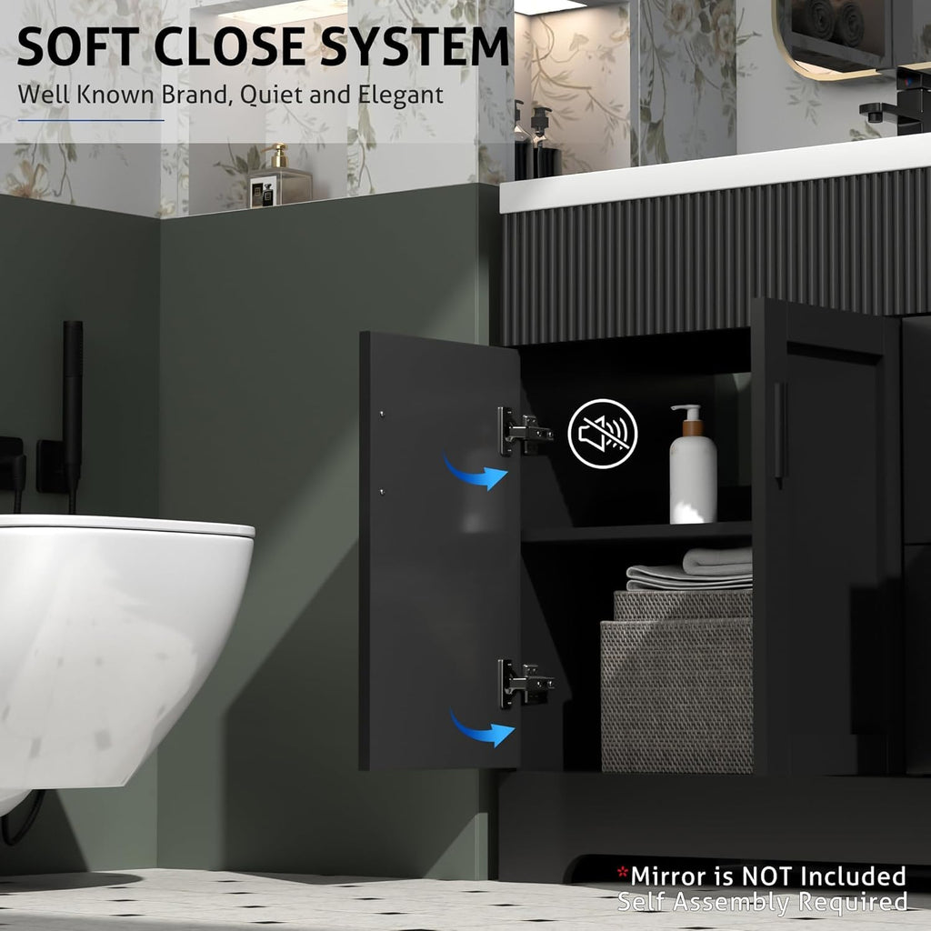 eclife 60' Bathroom Vanities Sink Combo with Painted Surface, Modern Drawered Cabinet W/Decorative Wave Lines, Undermount Double White Sink, Matte Black Faucet Drain, Black