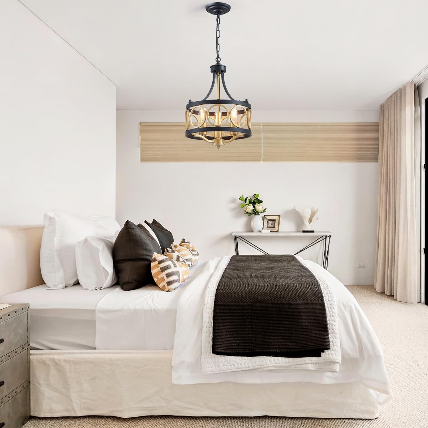 XINGQI 12.6' Modern Farmhouse Chandelier 13 Inch Black Gold Chandeliers Small Drum Dining Room Light Fixture 3-Light Rustic Metal Pendant Lamp for Entryway Bedroom Hallway E26 Base