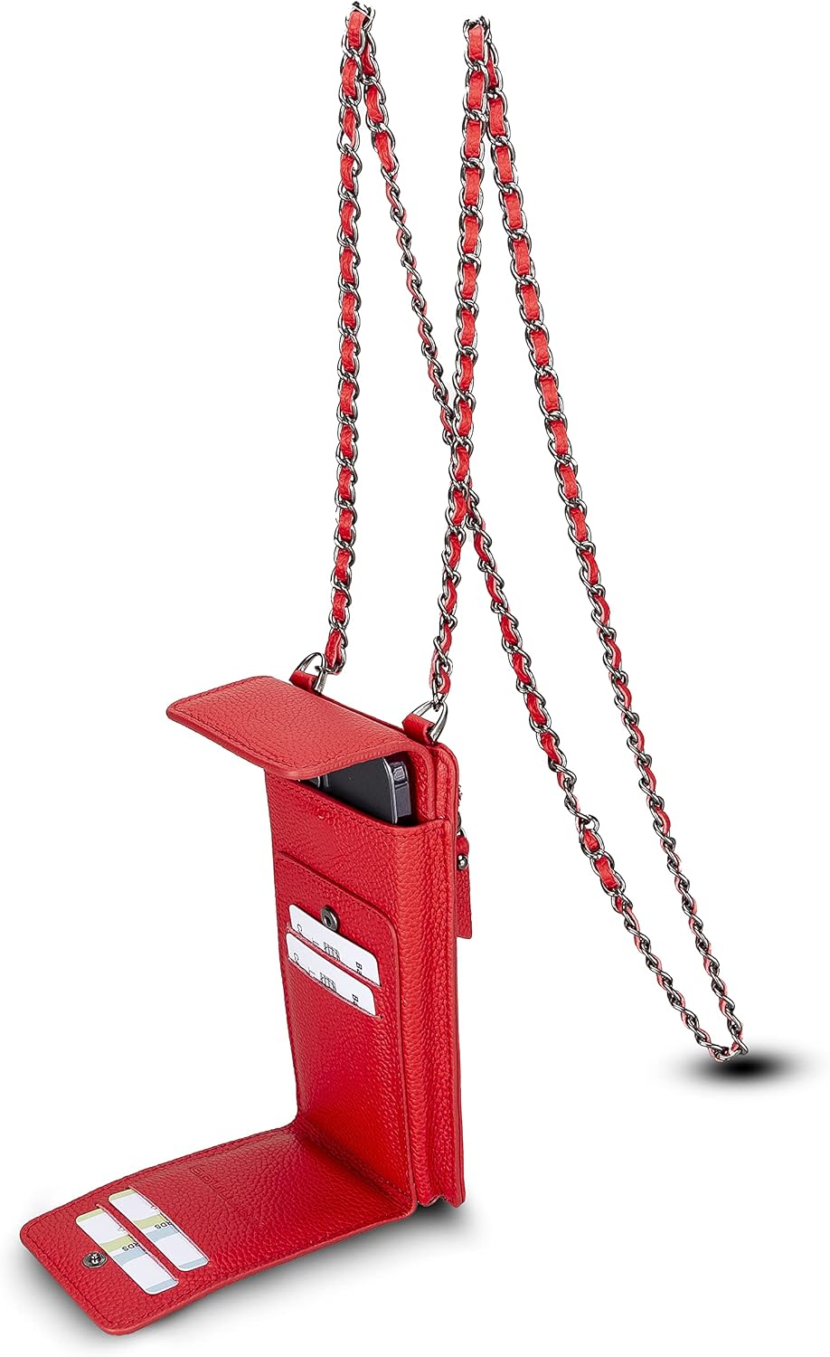Crossbody Women Wallet fits iPhone 16 Pro MAX / 17 Pro MAX and All Mobile Devices up to 6.9' - Zippered Women Purse, Shoulder Bag with Card Holder, Pocket & Chain Strap, Trendy (Strawberry)