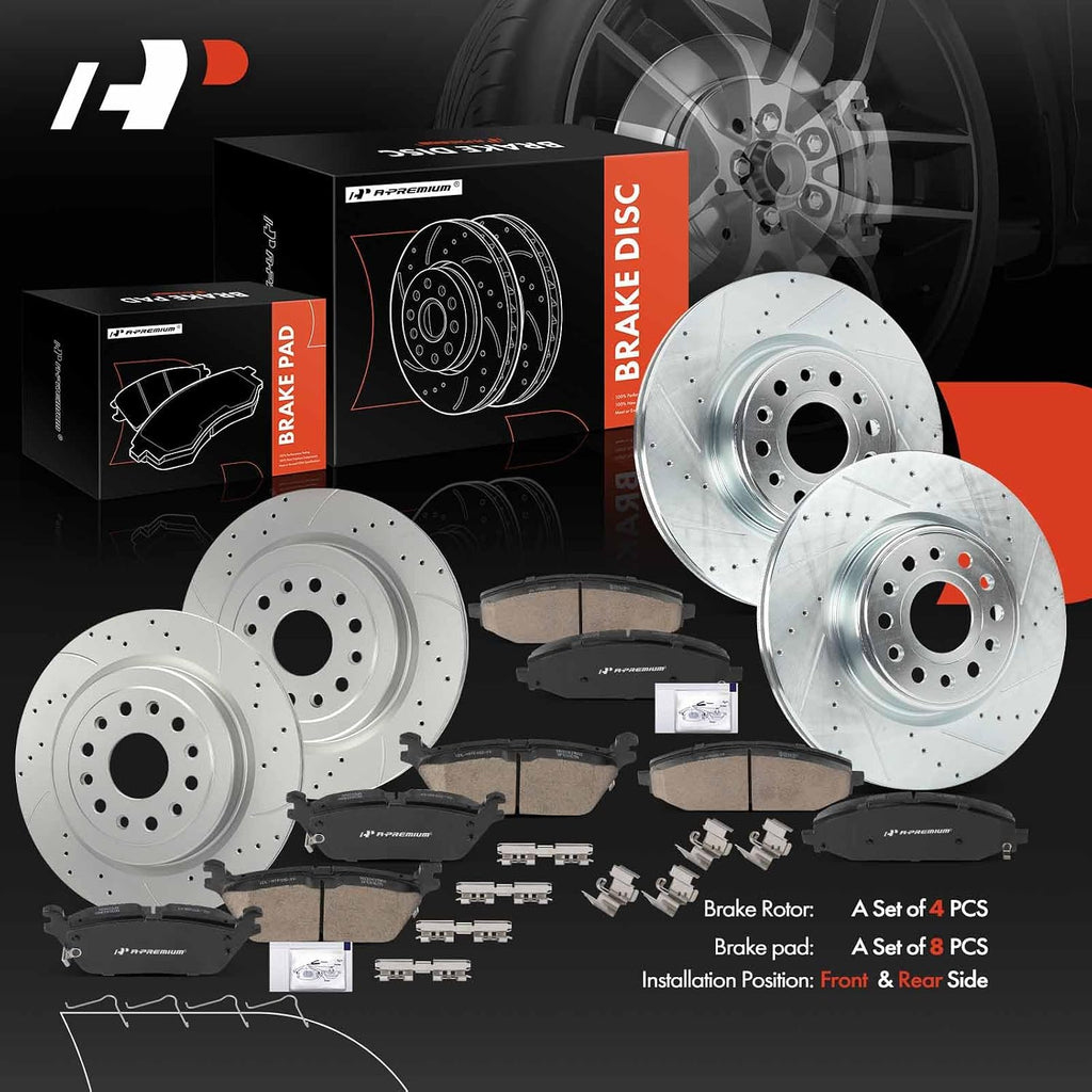 A-Premium Front and Rear Drilled and Slotted Disc Brake Rotors + Ceramic Pads Kit Compatible with Select Ram Models - 1500 2019 2020 2021 2022, 12-PC Set