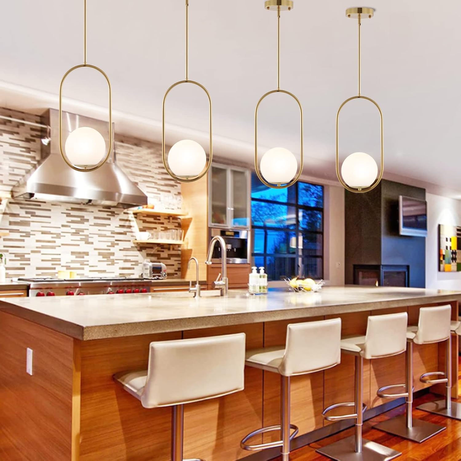 BYOLIIMA Modern Gold Globe Pendant Light Mid Century Chandelier 1-Light Brushed Brass Ceiling Hanging Lighting Fixture with White Globe Glass Lampshade for Kitchen Island Dining Room Bedroom (2 Pack)