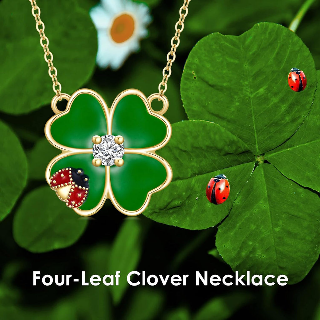 Aihpos Four Leaf Clover Necklace for Women 14K Solid Gold Green Lucky 4 Leaf Clover Necklace Ladybug Necklace