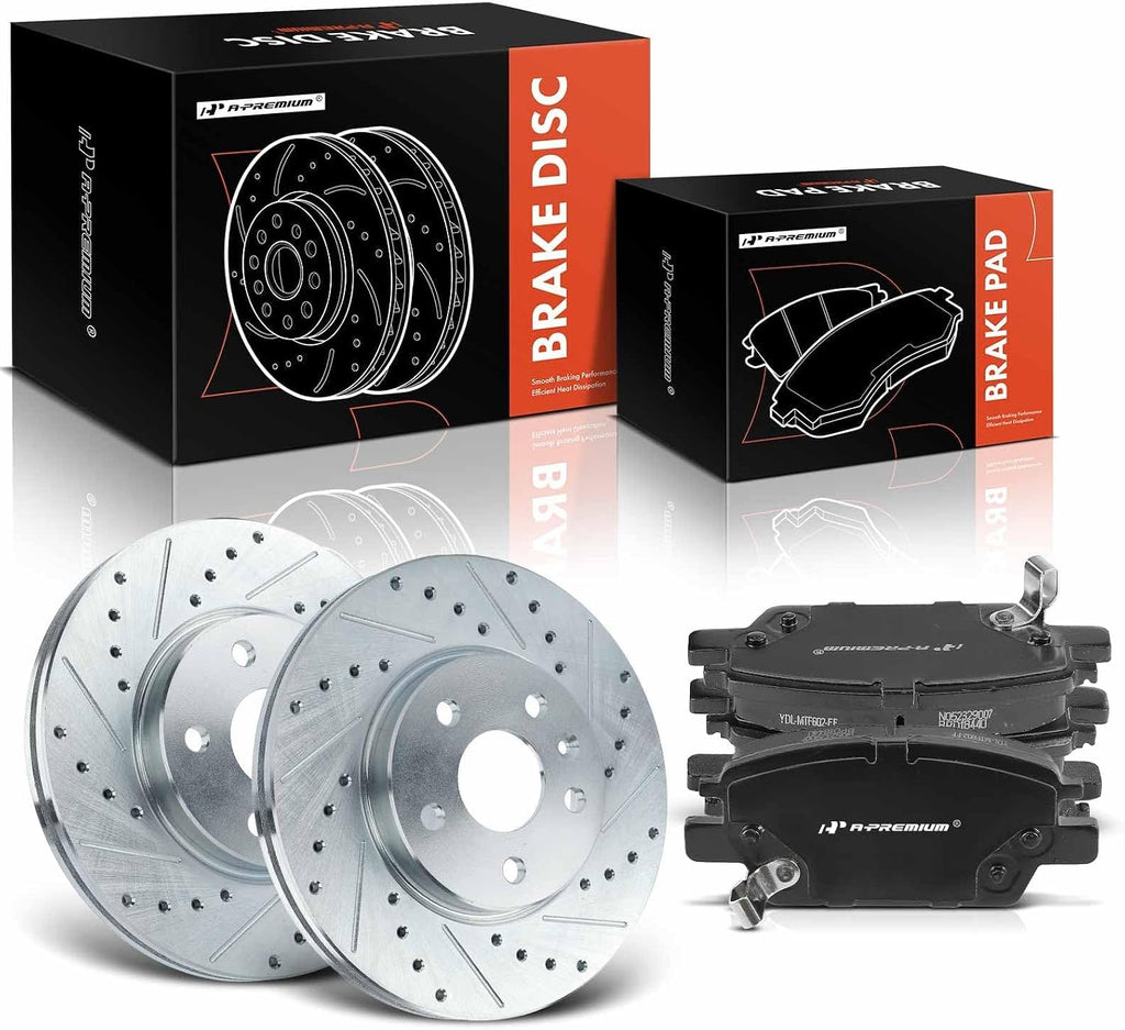 A-Premium 10.87 inch (276mm) Front Drilled and Slotted Disc Brake Rotors + Ceramic Pads Kit Compatible with Select Chevrolet Models - Cruze 2016-2019, Volt 2016-2019, Bolt EV 2017-2021, 6-PC Set