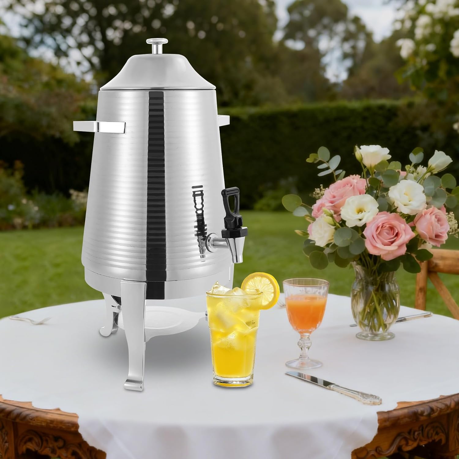 Insulated Beverage Dispenser 13L Stainless Steel Hot Drink Dispenser Countertop Commercial Hot and Cold Coffee Carafe with Spigot & Stand for Tea, Coffee, Milk, Water & Juice (Silver)