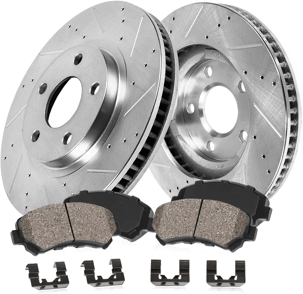 Callahan BRAKE PARTS Front Brake Kit For Saab 9-3 Saturn L Series Drilled and Slotted Brake Rotors and Ceramic Pads