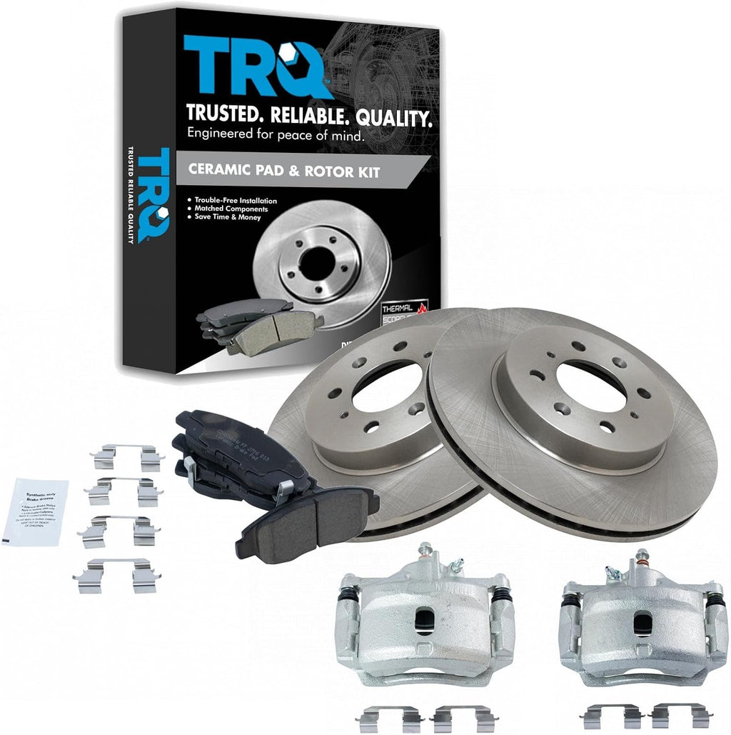 TRQ Front Brake Pad and Rotor Set Ceramic Vented Rotors Calipers Compatible with 1996-2005 Honda Civic 2010-2014 Insight